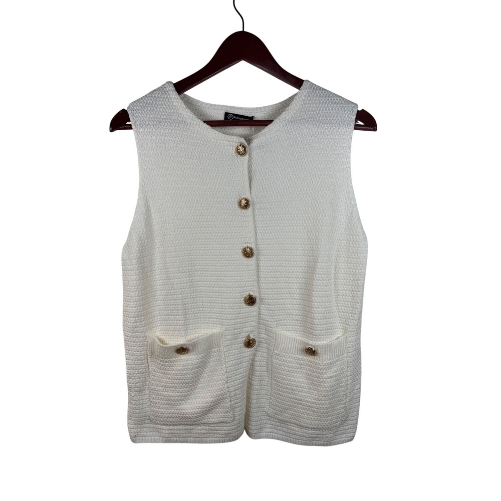 PrettyGarden Knit Sweater Vest S White Gold Button Textured‎ Sleeveless NEW
